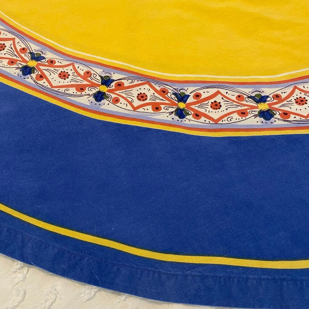 Williams Sonoma Round Tablecloth 70" Tuscan Stripe 100% Cotton Yellow Blue